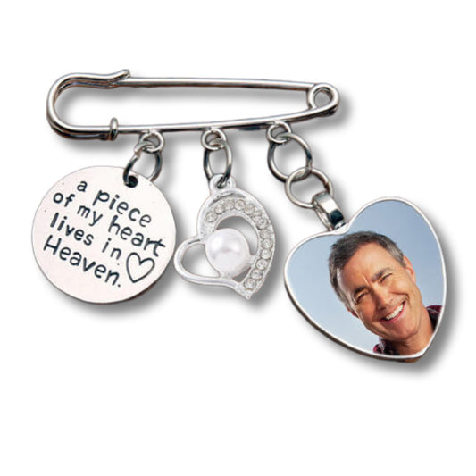 Bridal bouquet charm with photo and disc a piece of my heart on a brooch pin.