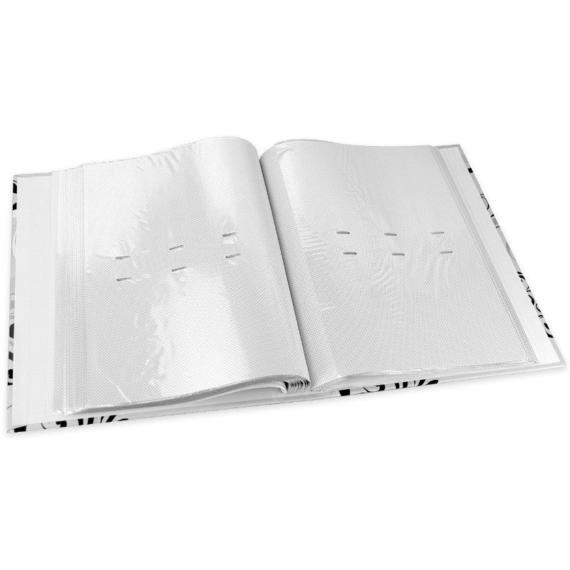 An open white binder or album with multiple clear plastic page protectors, photographed on a clean white background.