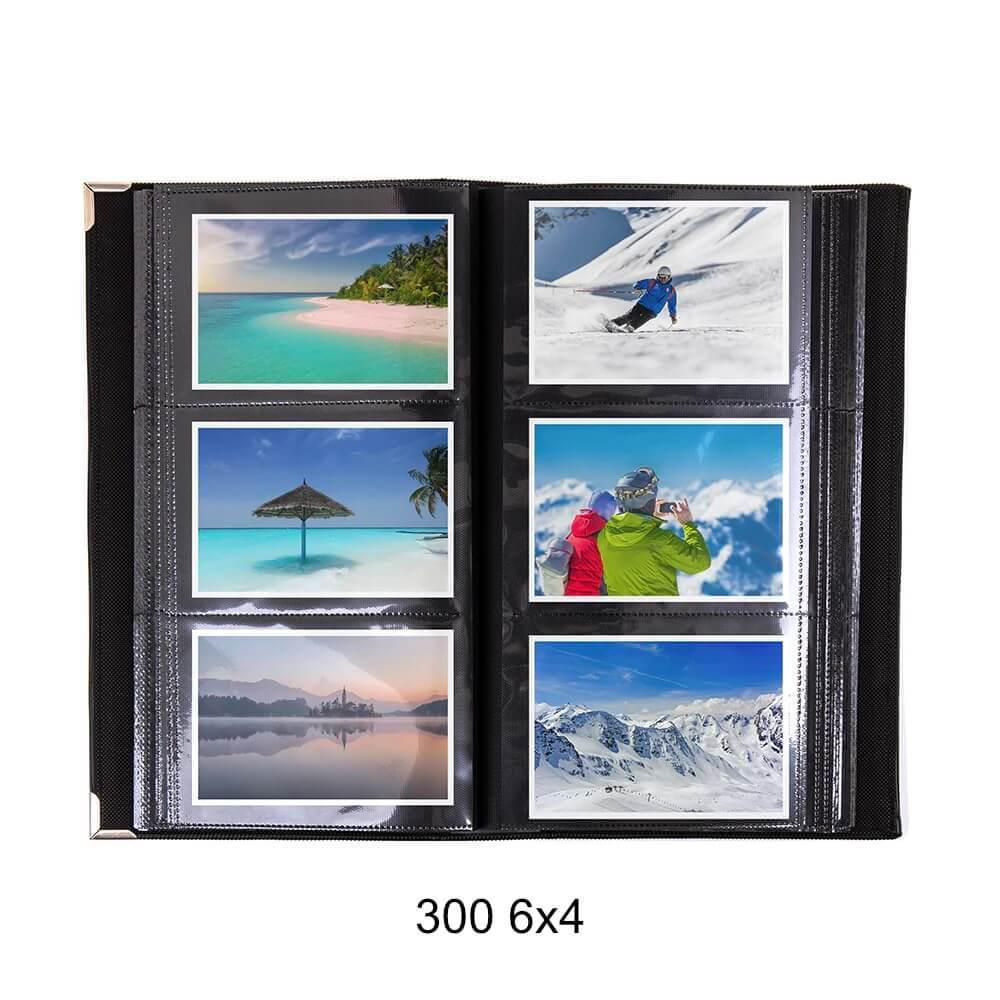 300 photos in 6x4 size will fit 3 photos to a page. This is a very economical photo album.
