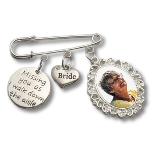 wedding charm with a photo and missing you disc on a brooch pin