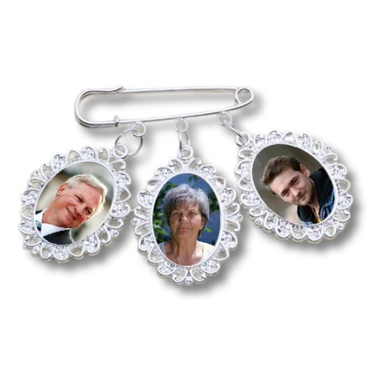 Bouquet charm with 3 photos on a brooch pin with quick delivery in Ireland.