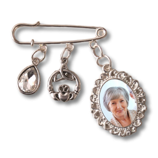 wedding brooch pin with photo and celtic charms