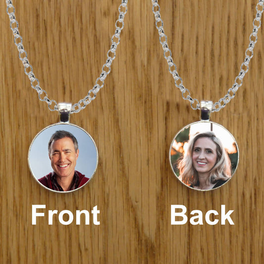 Double sided photo necklace. This personalised necklace on a silver chain has a photo on either side.