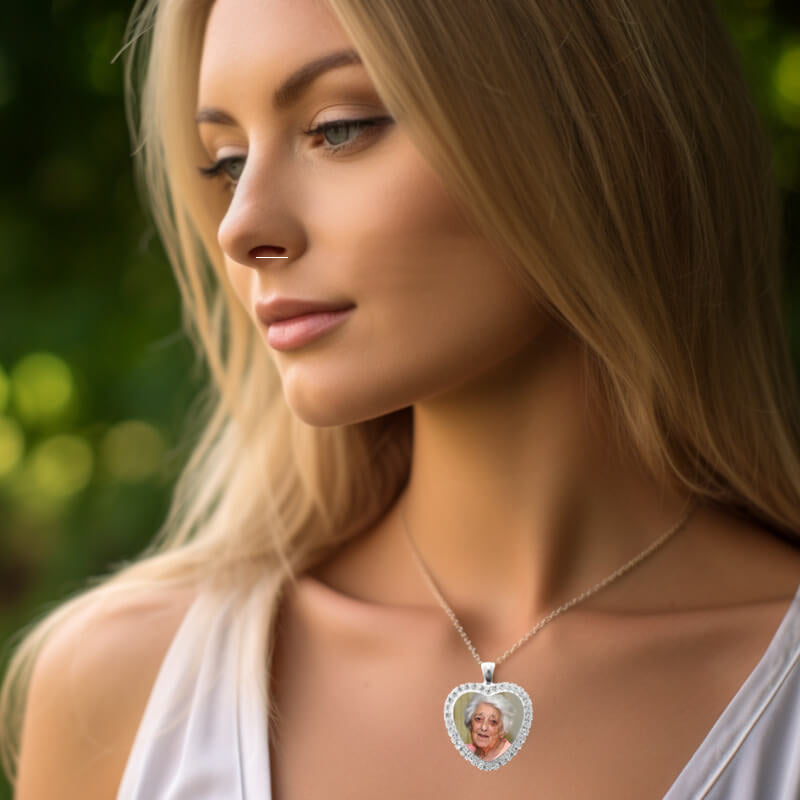 Heart shaped rhinestone necklace with a picture. Personalised and custom made in Ireland with fast delivery.
