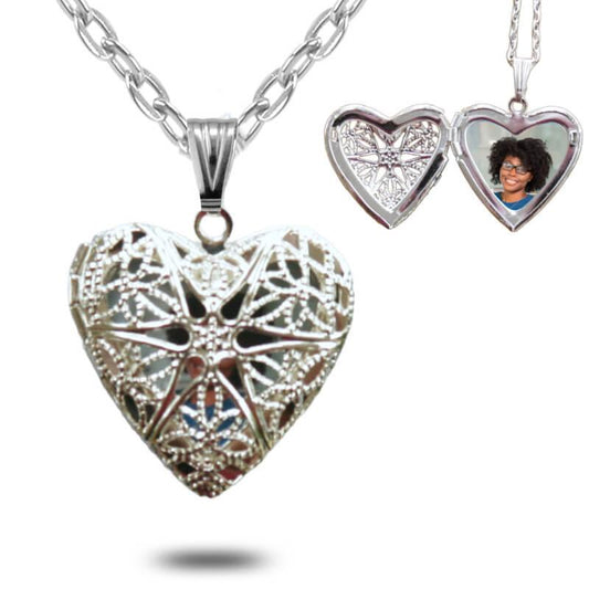 Silver locket photo necklace with a chain. Personalized photo locket necklace with a photo inside.