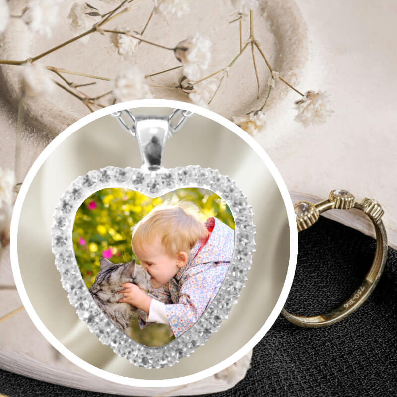 Personalised rhinestone necklace with a photo on a silver chain. Handmade in Ireland with fast delivery.