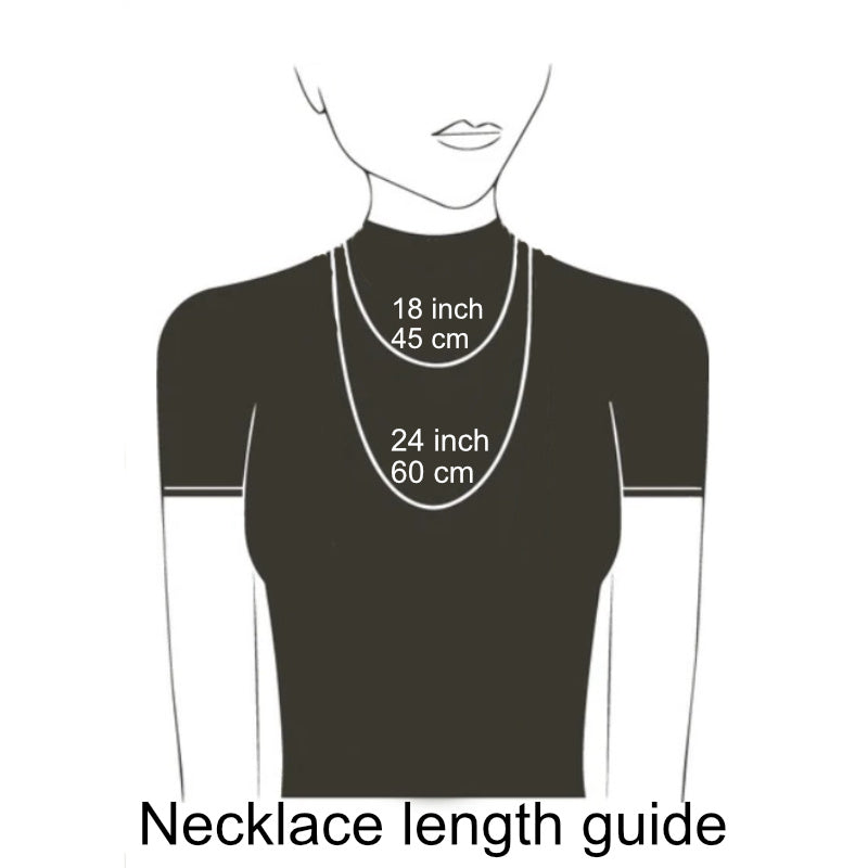 chain length guide for a necklace with a picture inside, on a silver chain.