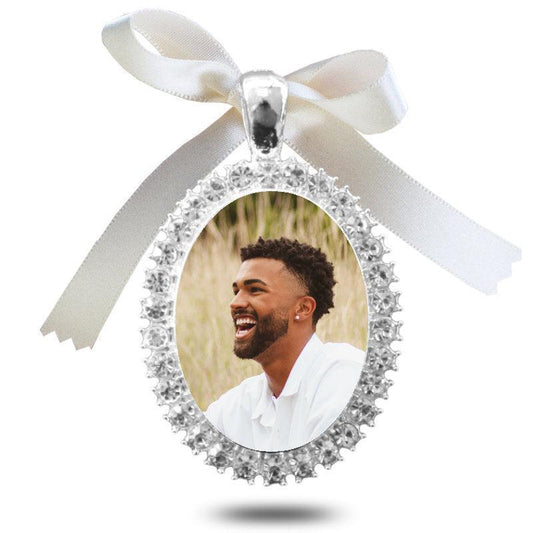 Personalized Wedding Bouquet Rhinestone Charm with Photo Locket for Bridal Memories.