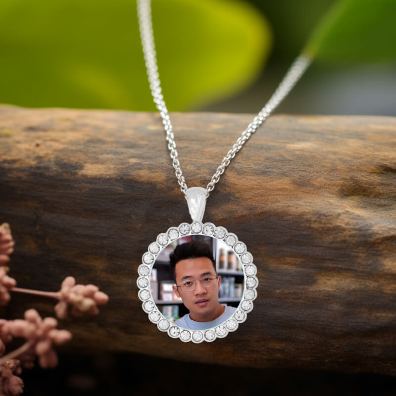 Rhinestone necklace chain with your personalised picture in a silver setting. Hand made in Ireland.