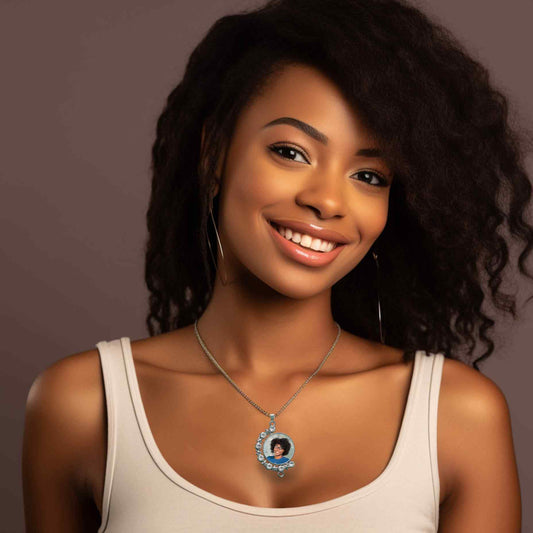 Double-sided swivel rhinestone necklace chain with a picture on each side. Keep those you love close to your heart.
