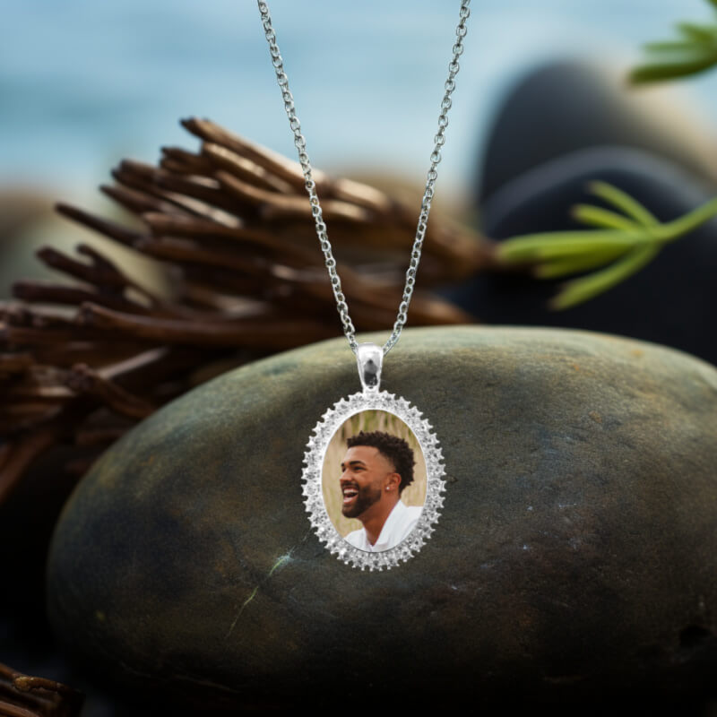 Custom made photo necklace in a rhinestone setting. Made with love in Ireland, Fast delivery.