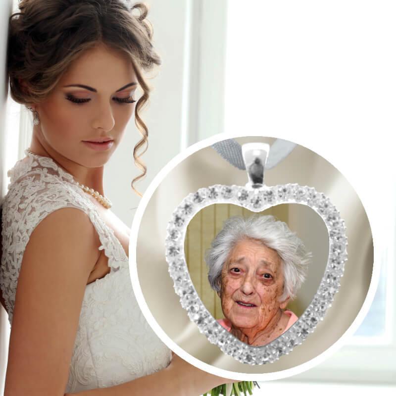 Bridal rhinestone bouquet charm with a photo inside for your wedding day. Hand crafted with love in Sligo, Ireland.