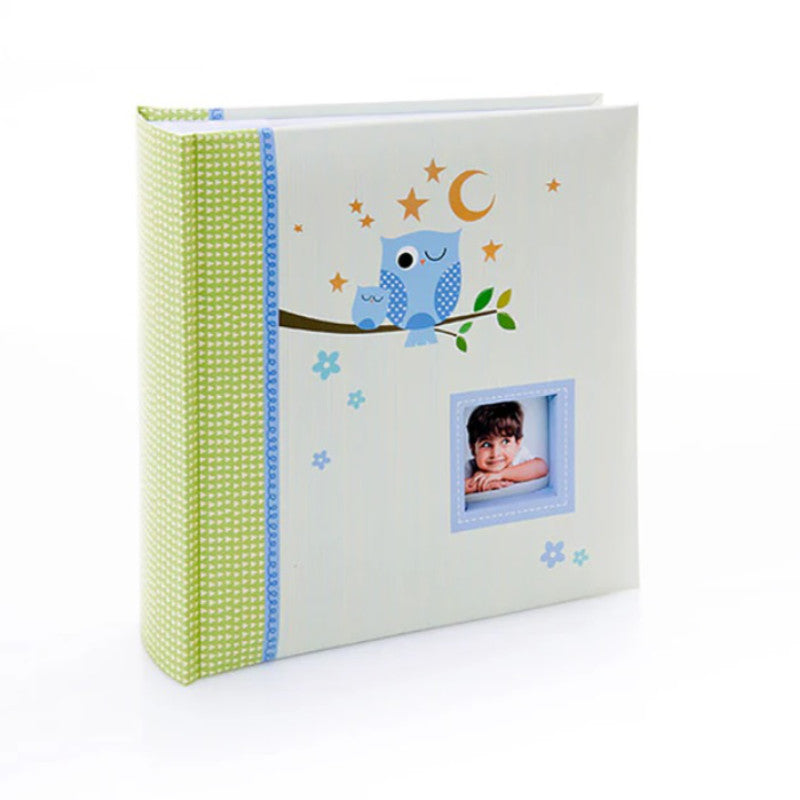 Baby photo album sleepy owl with blue cover.
