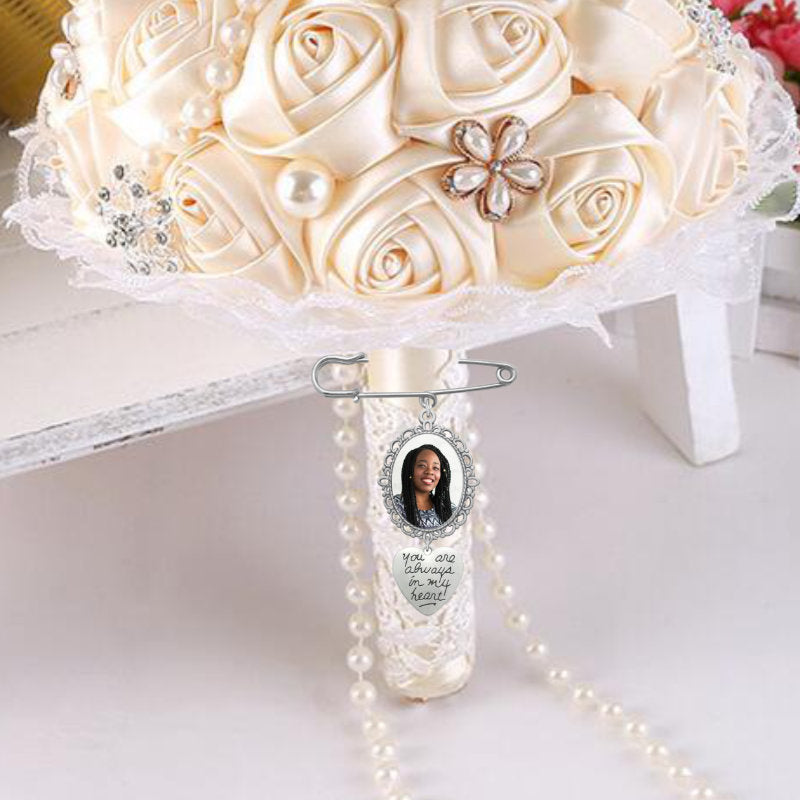 remenbrance wedding charm on a brooch with a photo and heart