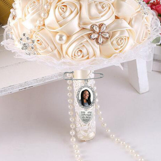 remenbrance wedding charm on a brooch with a photo and heart