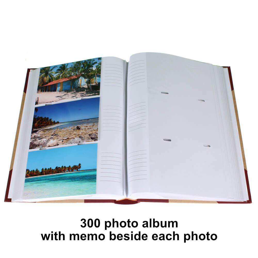 Open photo album with beach scene on left page and blank pages on right, text '300 photo album with memo beside each photo' below.