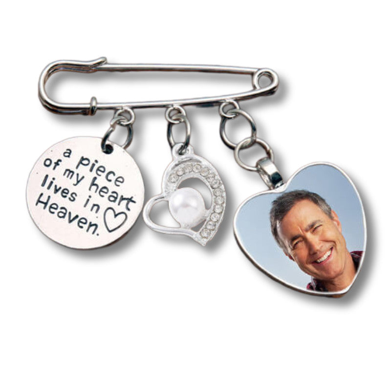 bridal bouquet charm with photo and disc a piece of my heart on a brooch pin
