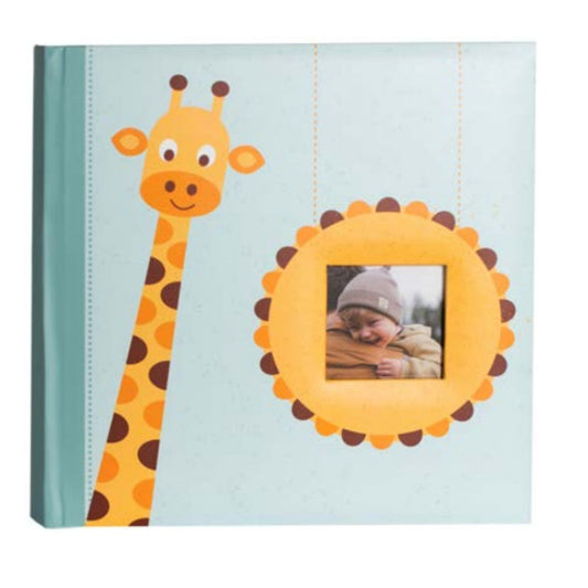 Children's photo album with a giraffe design on a light blue background. Fast delivery Ireland.