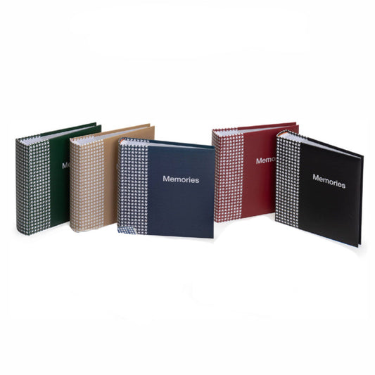 Set of six memory photo albums in green, gold, blue, red and black colors with 'Memories' text on a white background