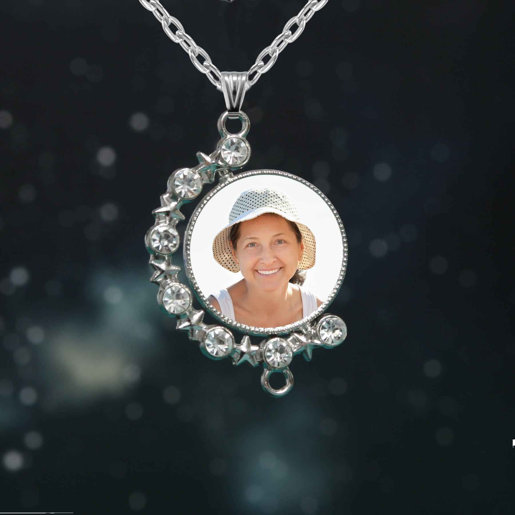 Custom made rhinestone necklace with two photos in a swivel setting. Fast delivery in Ireland.