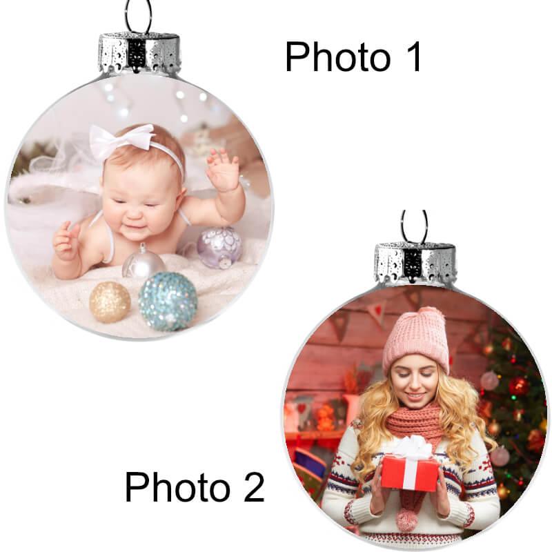 Two of your photos in a Christmas decoration bauble, to hang on your Christmas tree.