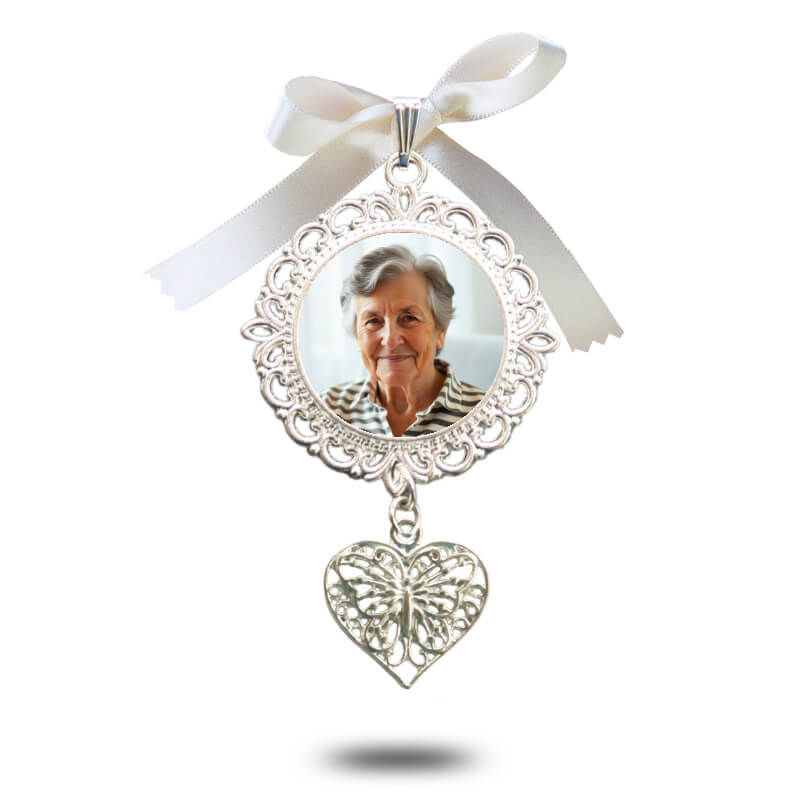 Circular filigree wedding charm with a photo and a heart-shaped pendant charm. Fast delivery in Ireland.
