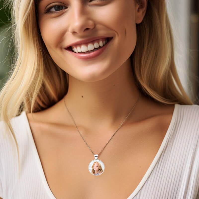 Personalised necklace with a photo on each side. Just upload your two photos and see how they will look like.
