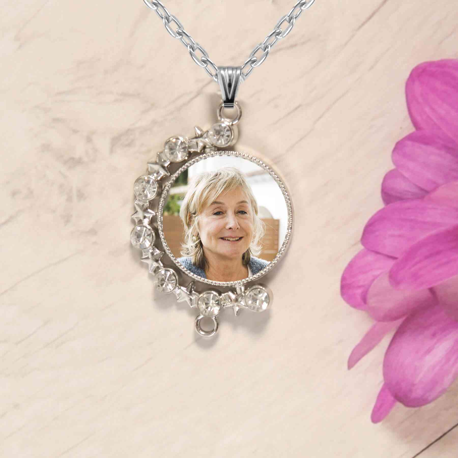 Photo double-sided necklace set with rhinestones. With this necklace you can remember two loved ones.