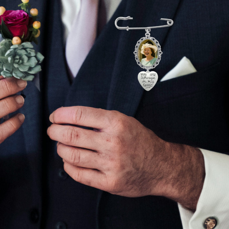Groom's lapel brooch pin with photo memorial charm for wedding
