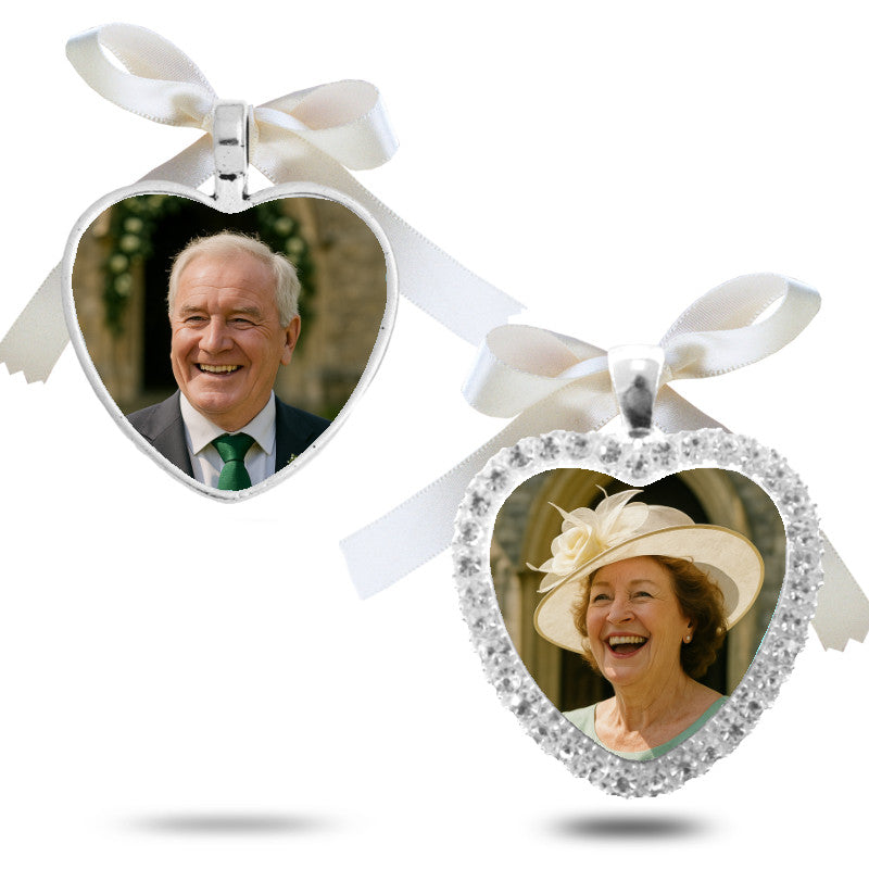 His & her wedding memorial charms and keepsake. One for the room's lapel and one for the bride's bouquet.