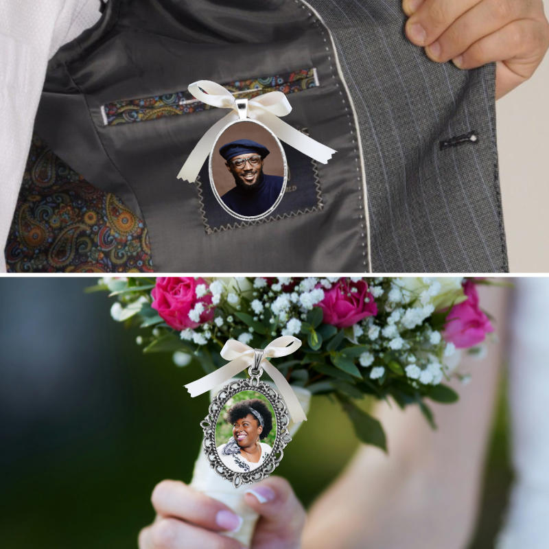 Personalized wedding memorial photo charm and pin on a groom's jacket and bride's bouquet. Hand made in Sligo, Ireland..