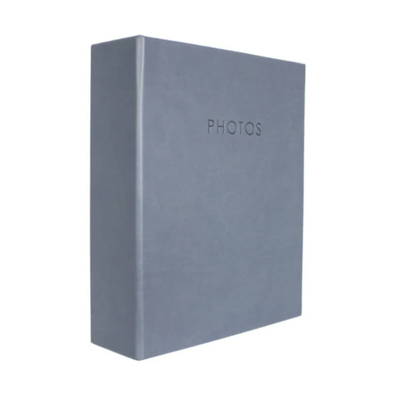 Gray photo album with 'PHOTOS' text on a white background