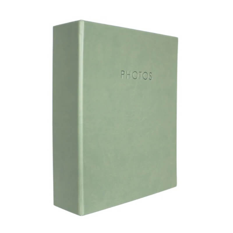 Green photo album with 'PHOTOS' text on a white background
