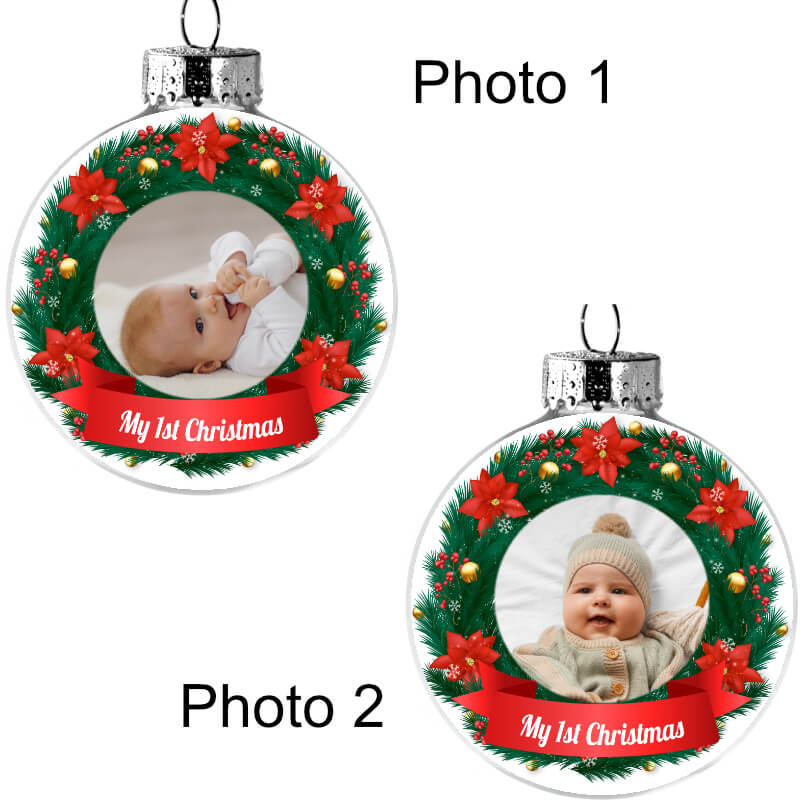 Baby girl's first Christmas decoration with two photos inside. A great gift to hang on your Christmas tree.