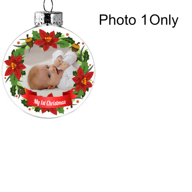 Baby boy's first Christmas tree bauble decoration with 2 photos inside. It's an Xmas gift idea to hang on your Christmas tree.