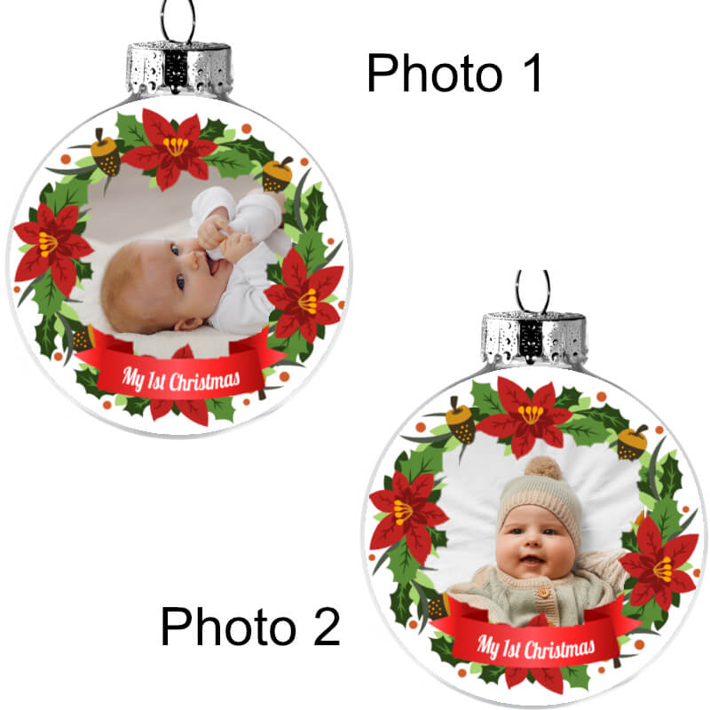 Celebrate your baby boy's first Christmas. This unique decoration holds 2 cherished photos inside, and it's the perfect gift to hang on your tree. 