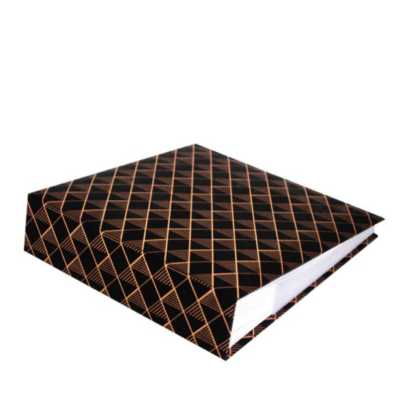 Grafton black photo album with  geometric patterned in rose gold foil.
