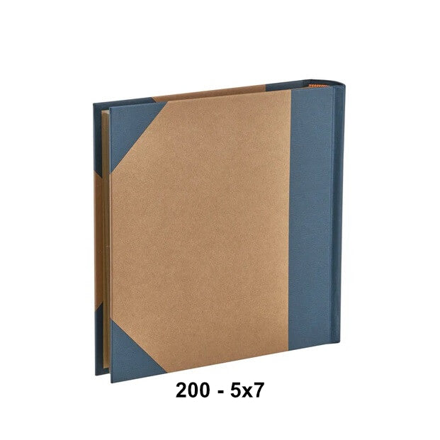 A stack of plain photo albums or booklets with a brown kraft-paper style front cover and blue-gray corner and spine panels, shown on a white background with the text '200 - 5x7' below.