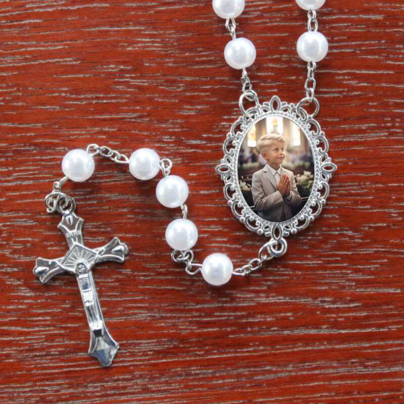 Custom made rosary beads with your picture included in a silver filigree setting. Made in Ireland.