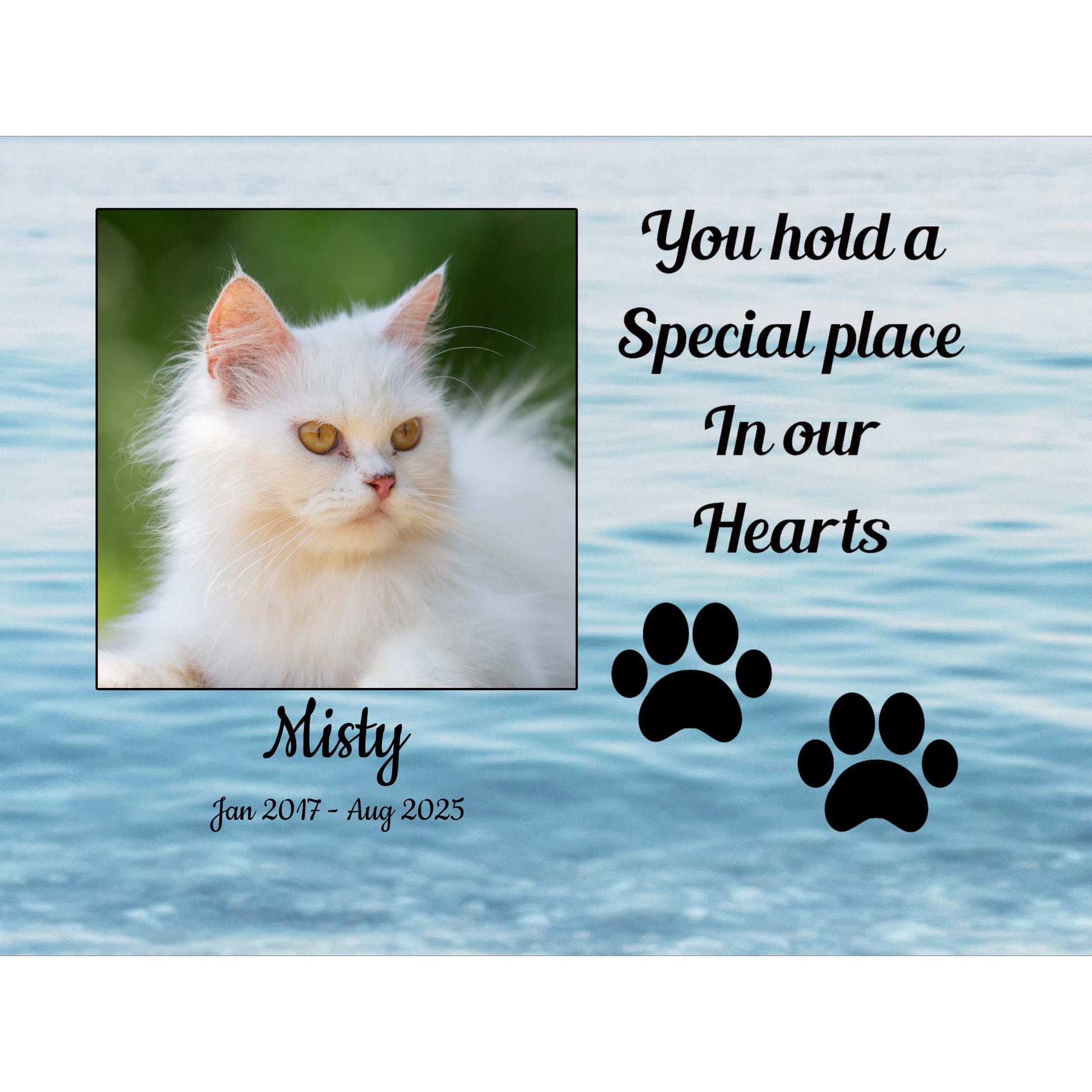 Memorial pet wooden photo block plaque with a cat's photo, text, and paw prints on a water background