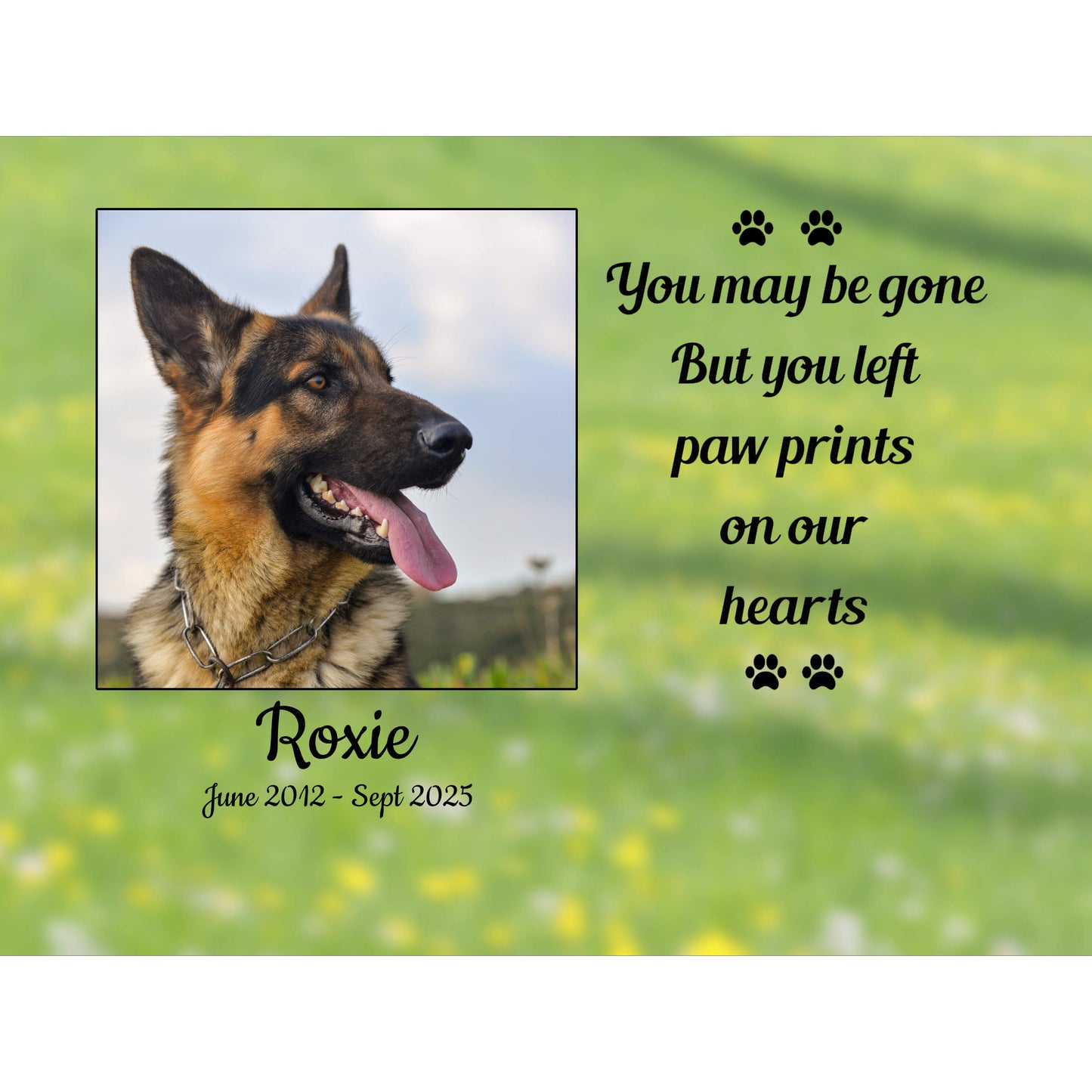 Pet memorial photo block frame for a dog named Roxie with a photo of a German Shepherd and text on a green background.