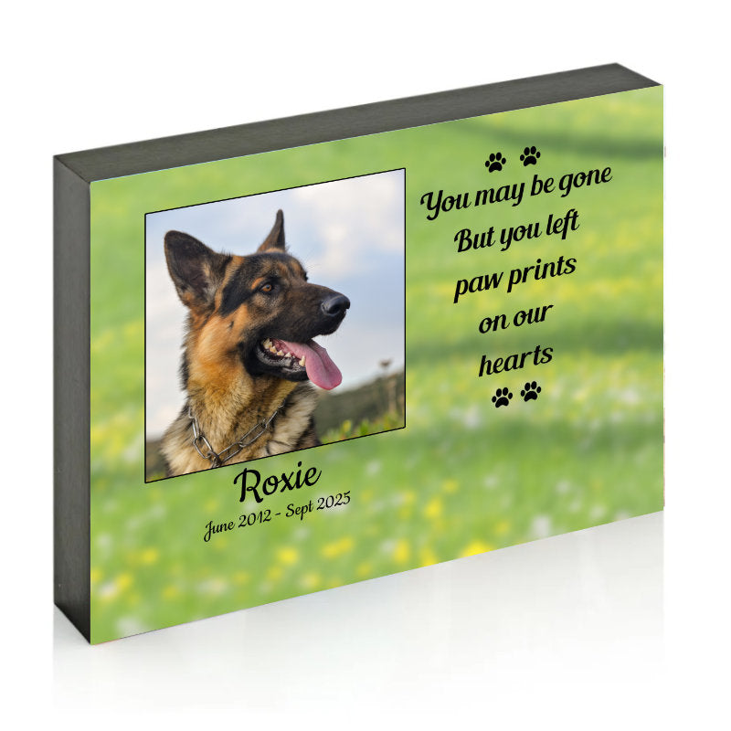 Memorial pet wooden plaque with a photo of a German Shepherd dog and text on a green background