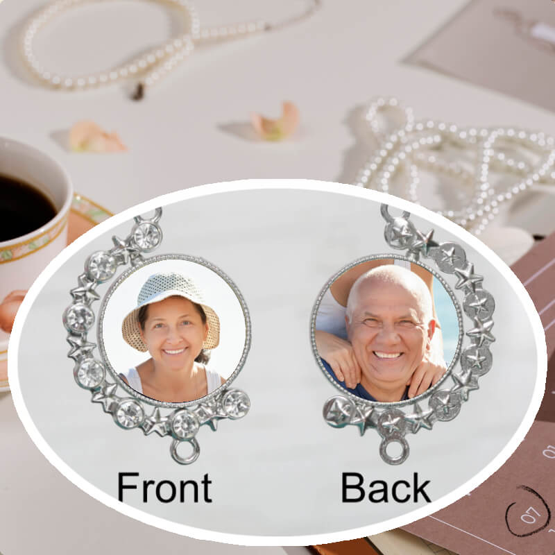 Rhinestone necklace with a photo on the front and back. Customise your own personal necklace.
