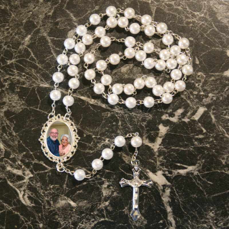 Remembrance rosary beads with your memorial photo, custom made and personalised. Made in Ireland.