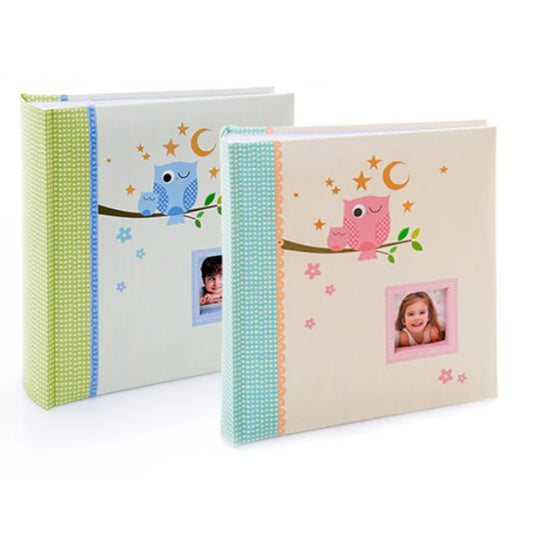 Sleepy owl baby photo album in blue and pink covers.