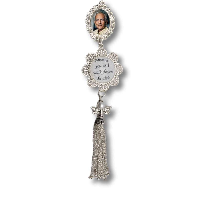 wedding bouquet charm with photo and a verse and an angel
