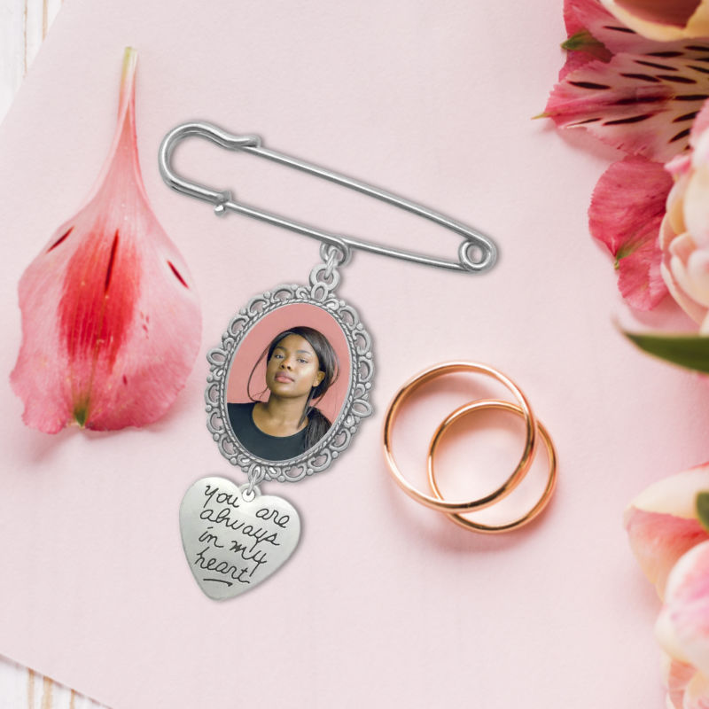 Personalised wedding memorial brooch pin on pink background, hand ,ade in Ireland with fast delivery.