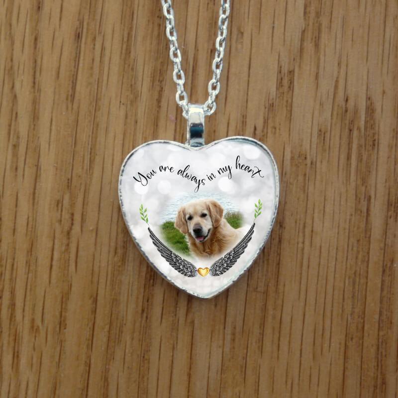 Heart shaped personalised pet remembrance necklace. Express post in Ireland.