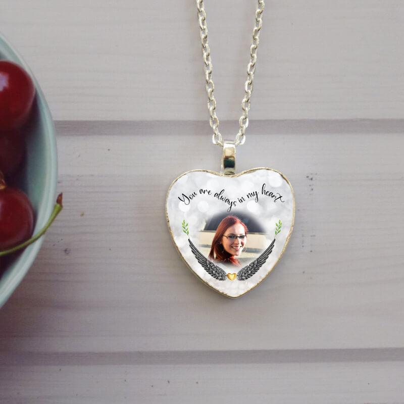 heart shaped necklace with photo and verse