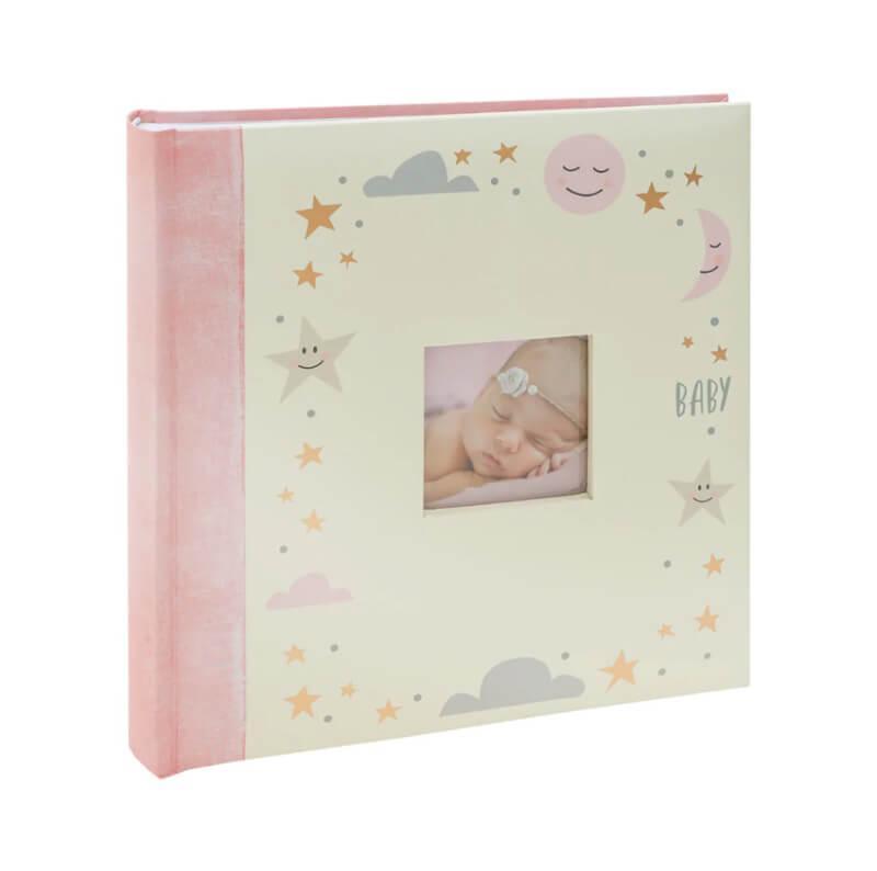 This baby girl photo album holds 200 photos and is book bound.